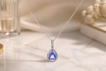White Gold Pear Tanzanite Halo Charm Necklace