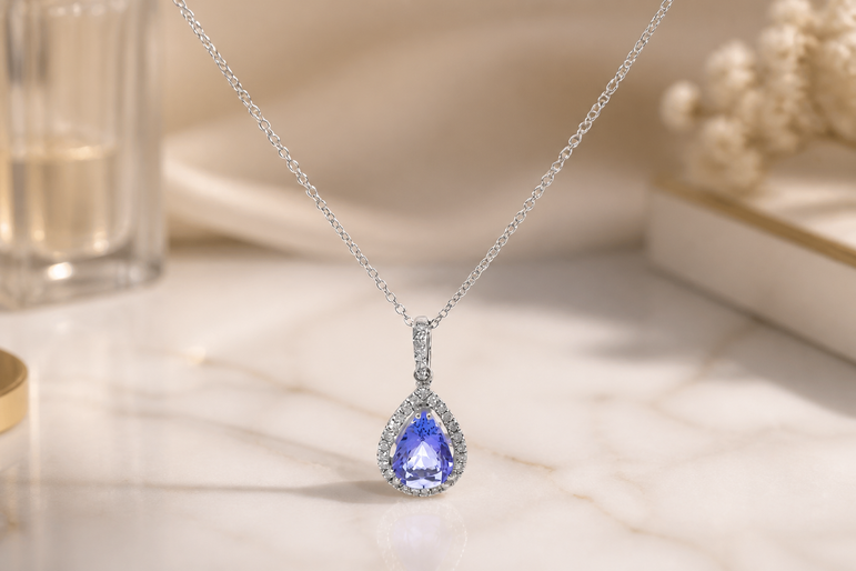 White Gold Pear Tanzanite Halo Charm Necklace