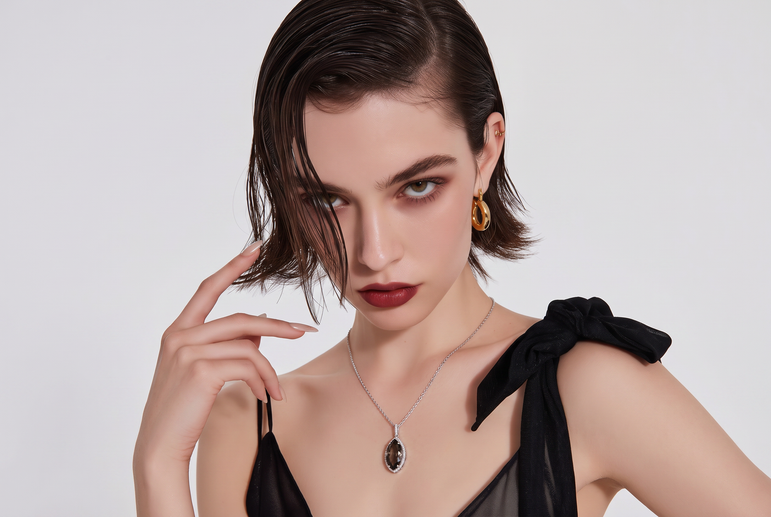 Marquise Quartz Halo Pendant Necklace in White Gold