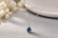 Royal Blue Sapphire Halo Pendant Necklace in White Gold