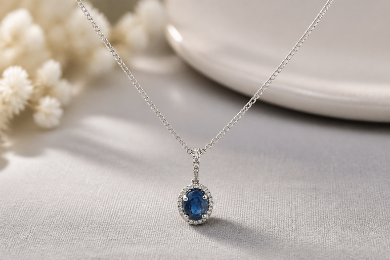 Royal Blue Sapphire Halo Pendant Necklace in White Gold