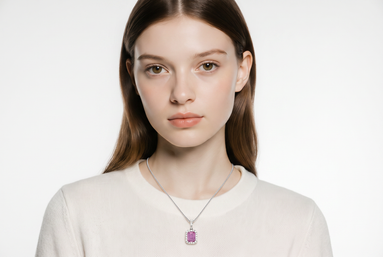 Pink Sapphire Halo Pendant Necklace in White Gold