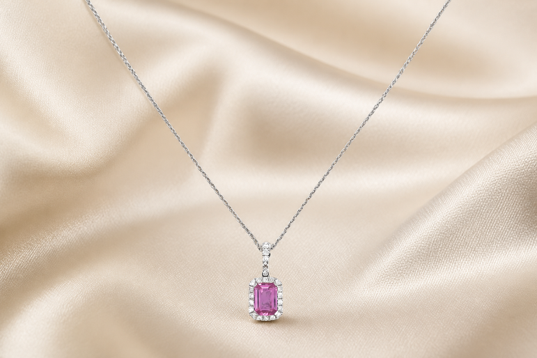Pink Sapphire Halo Pendant Necklace in White Gold