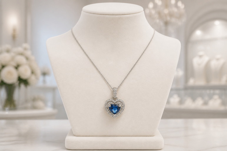 Blue Sapphire Heart Halo Pendant in White Gold
