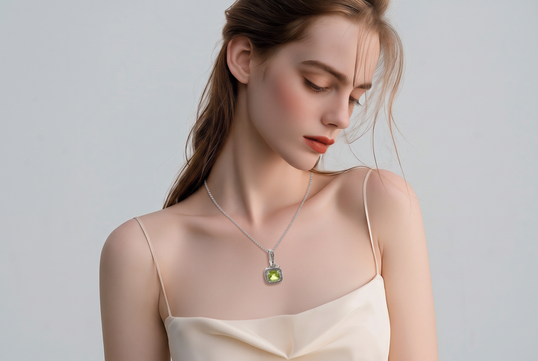 Peridot Halo Pendant Necklace in White Gold