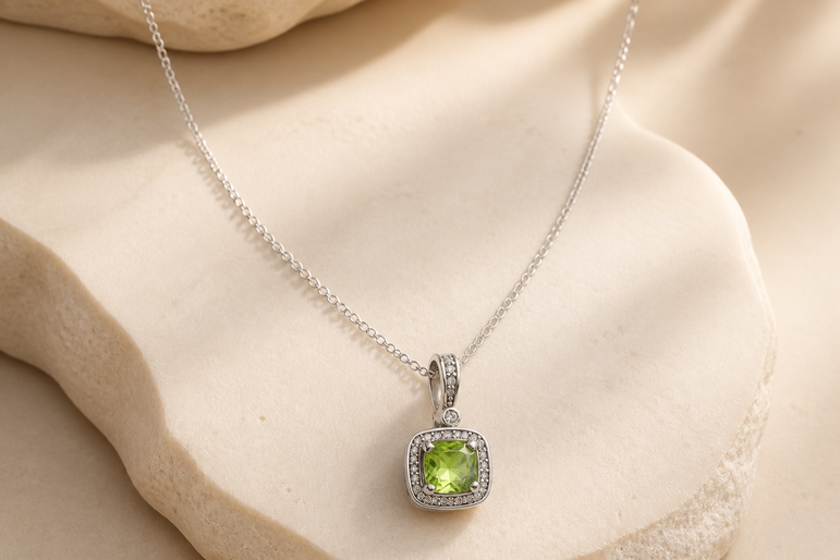 Peridot Halo Pendant Necklace in White Gold