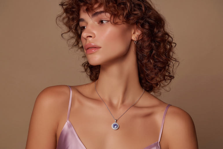 Round Tanzanite Halo Pendant Necklace in White Gold