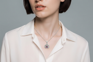Purplish-Red Ruby Octagonal Halo Pendant in White Gold
