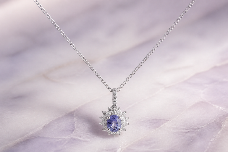 White Gold Starburst Halo Pendant Necklace