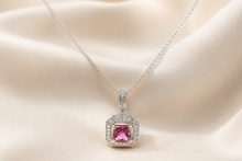 Pink Tourmaline Octagonal Halo Pendant Necklace in White Gold