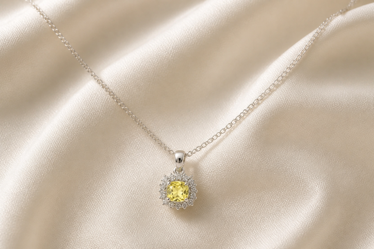 Yellow Sapphire Halo Pendant Necklace — White Gold