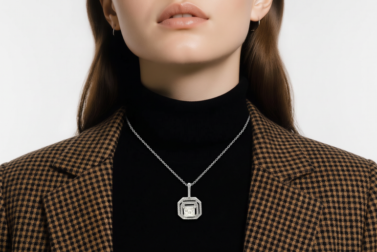 White Gold Double Halo Diamond Pendant Necklace
