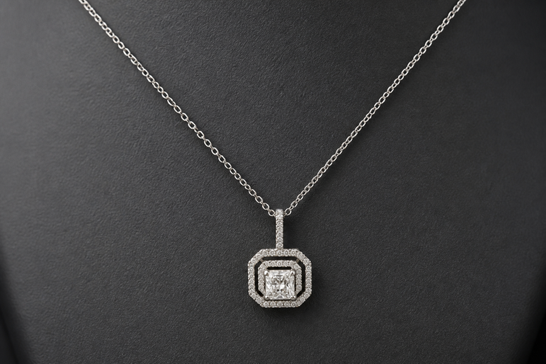 White Gold Double Halo Diamond Pendant Necklace