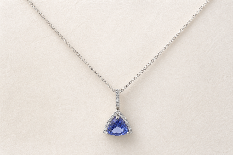 Trillion-Cut Tanzanite Halo Pendant Necklace in White Gold