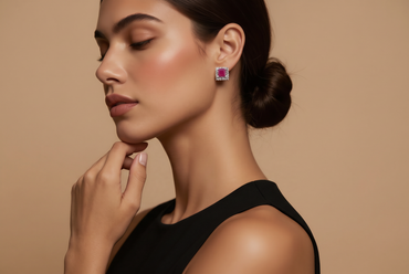 Square Ruby Halo Stud Earrings in White Gold