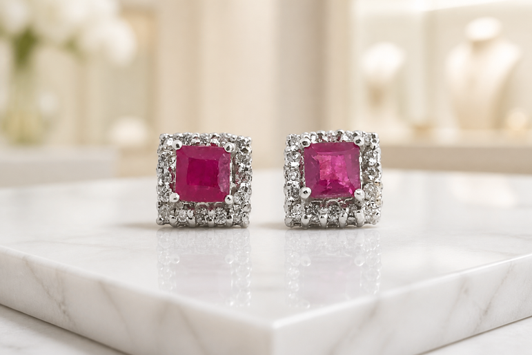 Square Ruby Halo Stud Earrings in White Gold