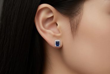 Royal Blue Sapphire Halo Stud Earrings in White Gold