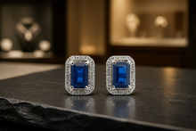 Royal Blue Sapphire Halo Stud Earrings in White Gold