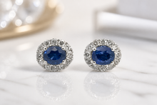 White Gold Royal Blue Sapphire Halo Stud Earrings
