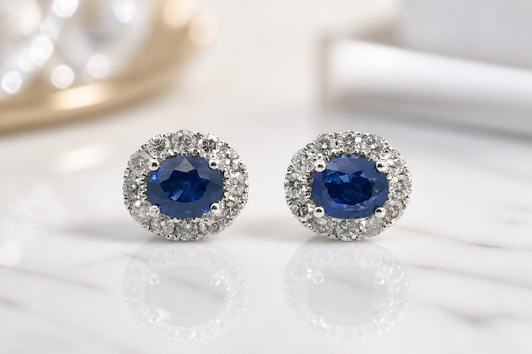 White Gold Royal Blue Sapphire Halo Stud Earrings