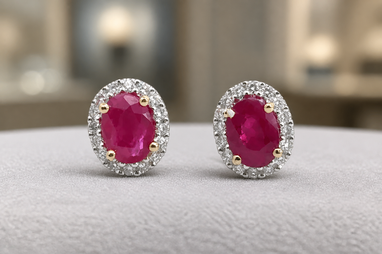 Oval Ruby and White Gold Halo Stud Earrings