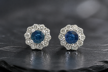 Royal Blue Sapphire Halo Stud Earrings in White Gold