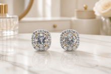 Cushion Halo Diamond Stud Earrings in White Gold