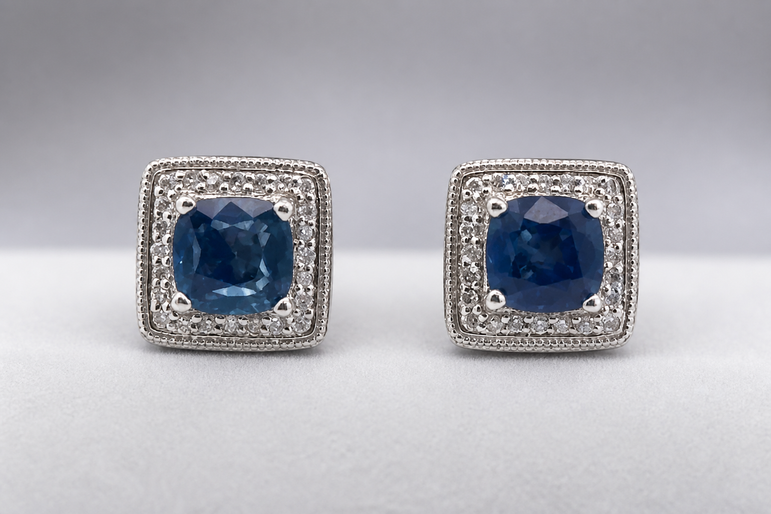 Deep Blue Sapphire and White Gold Halo Stud Earrings