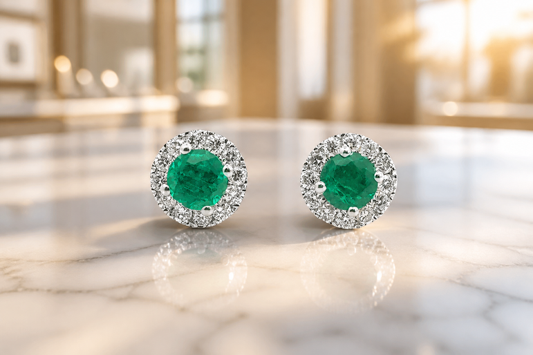 Round Emerald and Halo Stud Earrings in White Gold