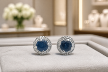 Deep Blue Sapphire Halo Stud Earrings in White Gold