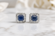Royal Blue Sapphire and White Gold Halo Stud Earrings