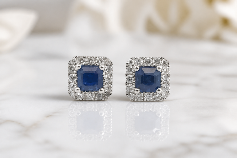 Royal Blue Sapphire and White Gold Halo Stud Earrings