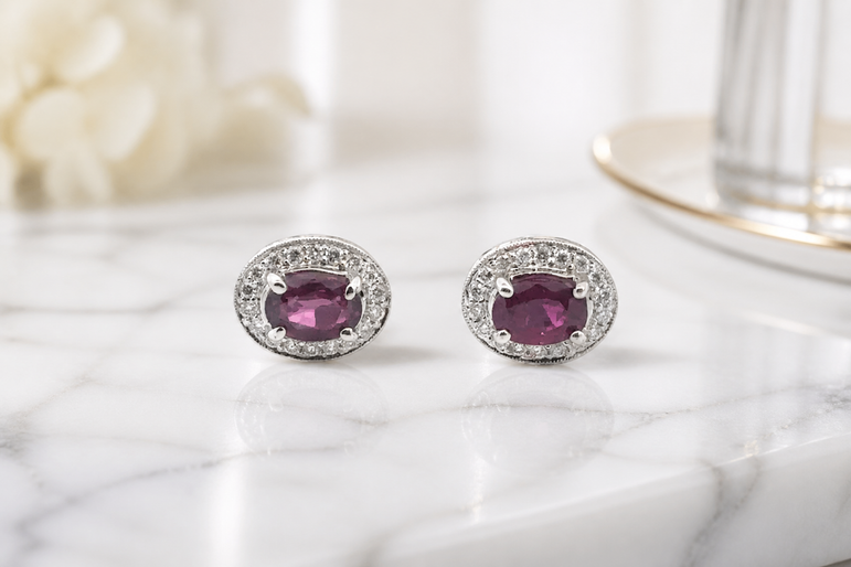 Oval Purplish-Red Ruby Halo Stud Earrings in White Gold