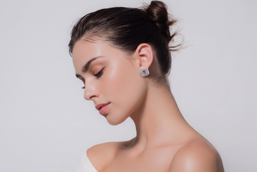Vivid Pink Sapphire Double Halo Stud Earrings in White Gold