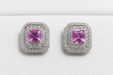 Vivid Pink Sapphire Double Halo Stud Earrings in White Gold
