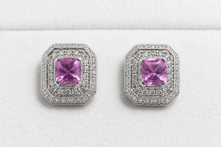 Vivid Pink Sapphire Double Halo Stud Earrings in White Gold