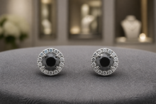 White Gold Fancy Black Diamond Halo Stud Earrings