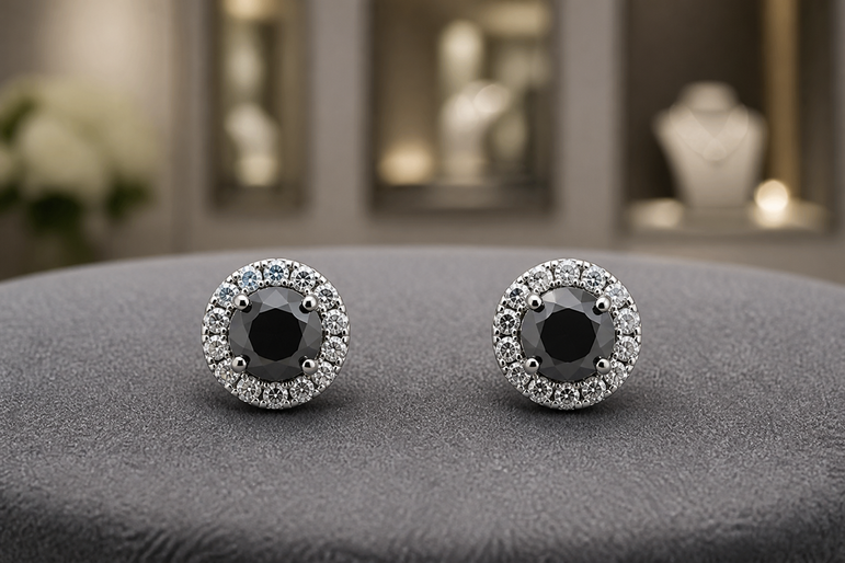 White Gold Fancy Black Diamond Halo Stud Earrings