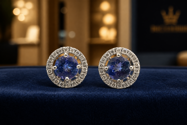 Round Tanzanite Halo Stud Earrings in White Gold