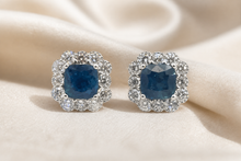 White Gold Deep Blue Sapphire Halo Stud Earrings