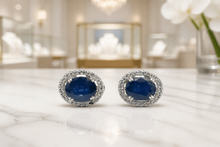 Blue Sapphire Oval Halo Stud Earrings in White Gold