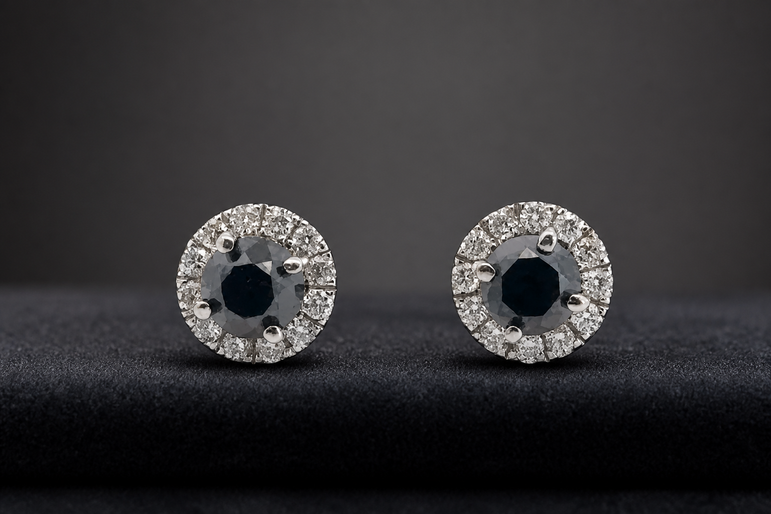 White Gold Fancy Black Diamond Halo Stud Earrings