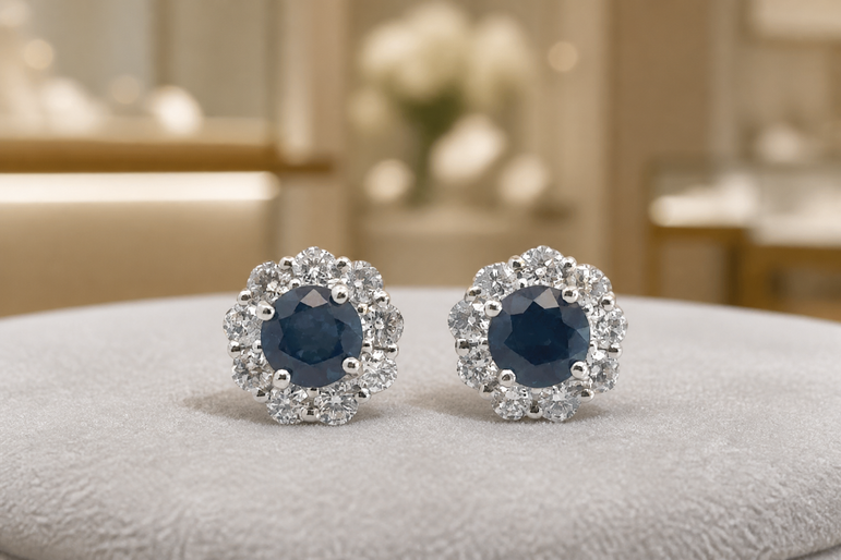 Deep Blue Sapphire and White Gold Cluster Earrings