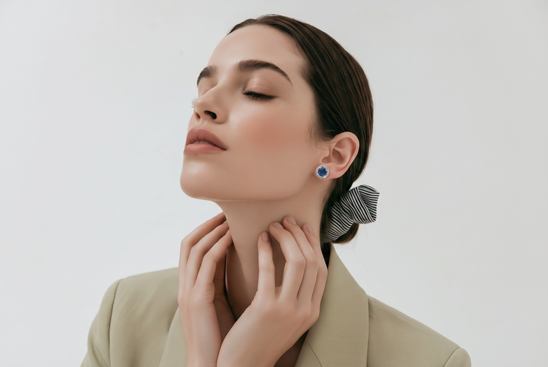 Blue Sapphire Halo Stud Earrings in White Gold