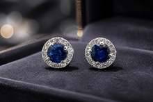Blue Sapphire Halo Stud Earrings in White Gold