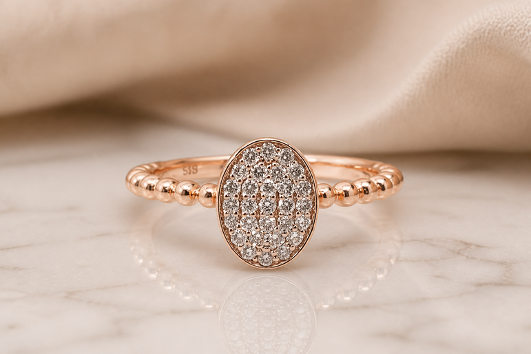 Rose Gold Diamond Oval Cluster Ring with Beaded Band