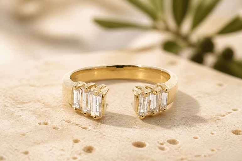 Yellow Gold Open Ring with Baguette Diamonds