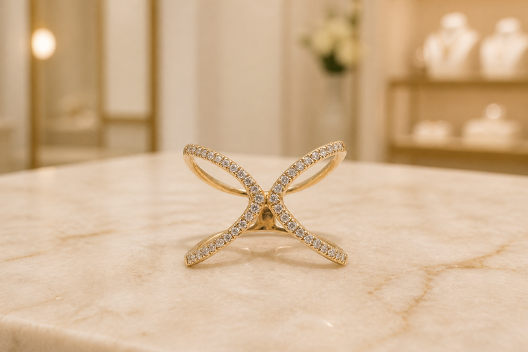 Diamond Pave Criss-Cross Ring in Yellow Gold