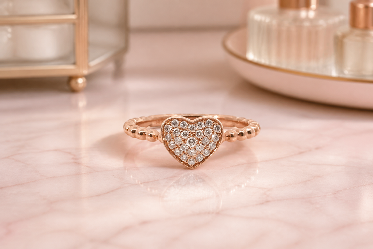 Diamond Pave Heart Cocktail Ring in Rose Gold