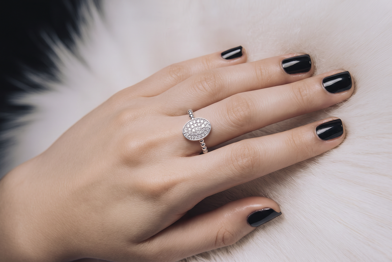 Beaded Band Oval Diamond Pave Cocktail Ring in White Gold